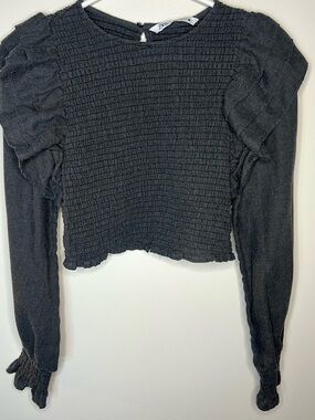 Zara Dark Gray Long Balloon Sleeve Ruffle Smocked Crop Top